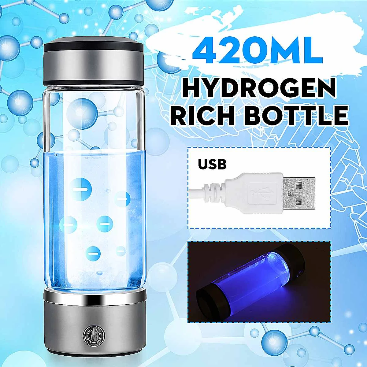 Портативный USB 420 мл, генератор ионизатора водородной воды, щелочной генератор, перезаряжаемый светодиодный светильник, бутылка для воды
