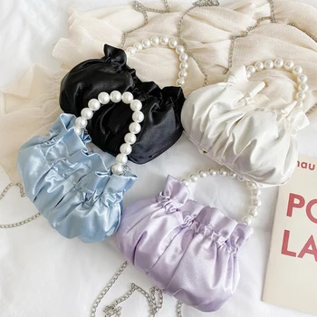 

Chic Silk Drawstring Small Top-Handle Bags 2020 Ladies Pearl Pleated Texture Shoulder Bags Creative Design Classic Crossbody Bag