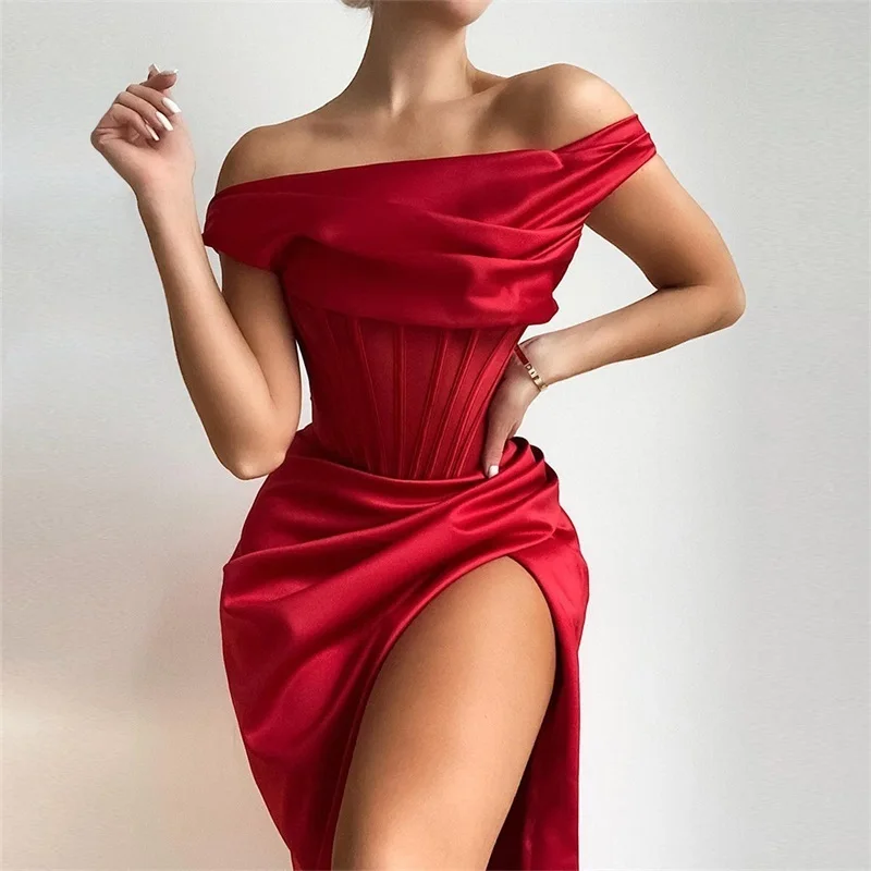 Townlike Stretch Satin Elegant Dress Women High Split Deep V Neck Sexy Party Dress 2021 Summer Dresses With Fishbone Vestidos