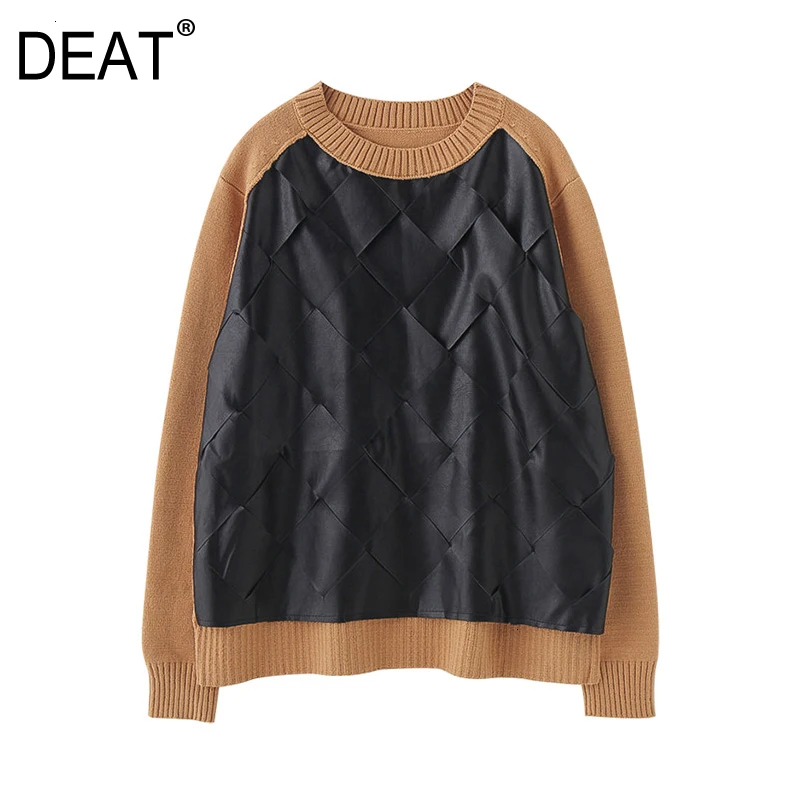

[DEAT] Leather Spliced Knitting Pullovers Sweater Loose Fit Round Neck Long Sleeve Women New Fashion Autumn Winter 2019 19L-a324