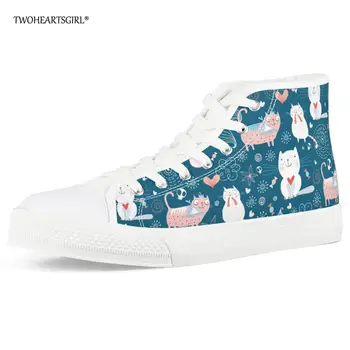 

Twoheartsgirl Cartoon Floral Cat Print Canvas Shoes for Women Casual Lace Up Vulcanized Shoes Unique Female Canvas Sneakers