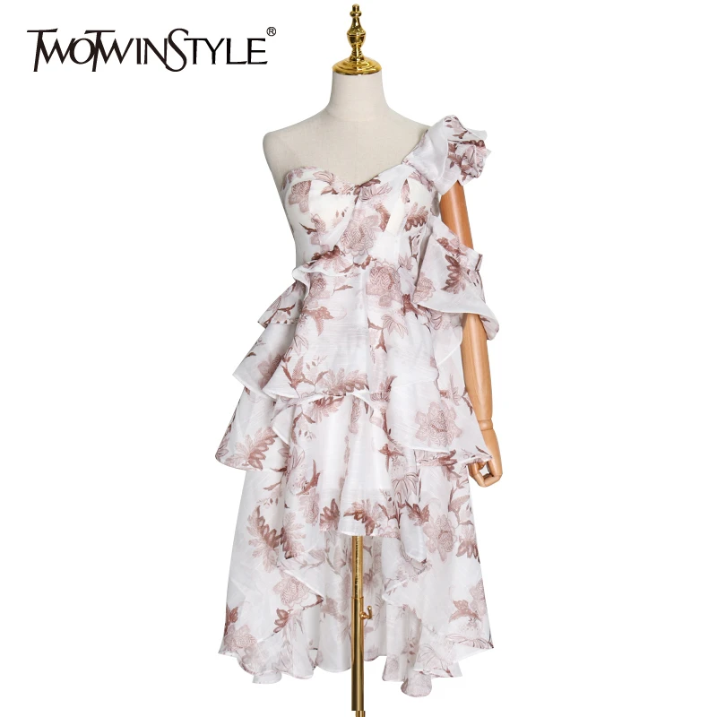 TWOTWINSTYLE Spring Asymmetrical Print Women's Dress One Shoulder Sleeveless Ruffle Dresses Female 2020 Spring Fashion New TWOTWINSTYLE Spring Asymmetrical Print Women's Dress One Shoulder Sleeveless Ruffle Dresses Female 2020 Spring Fashion New