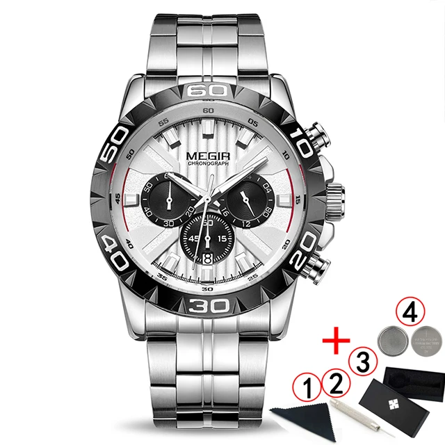 full silver box Relogio Masculino MEGIR хронограф кварцевый мужской роскошный бренд часов Топ нержавеющая сталь Бизнес наручные часы для мужчин водонепроницаемый - Цвет: full silver box