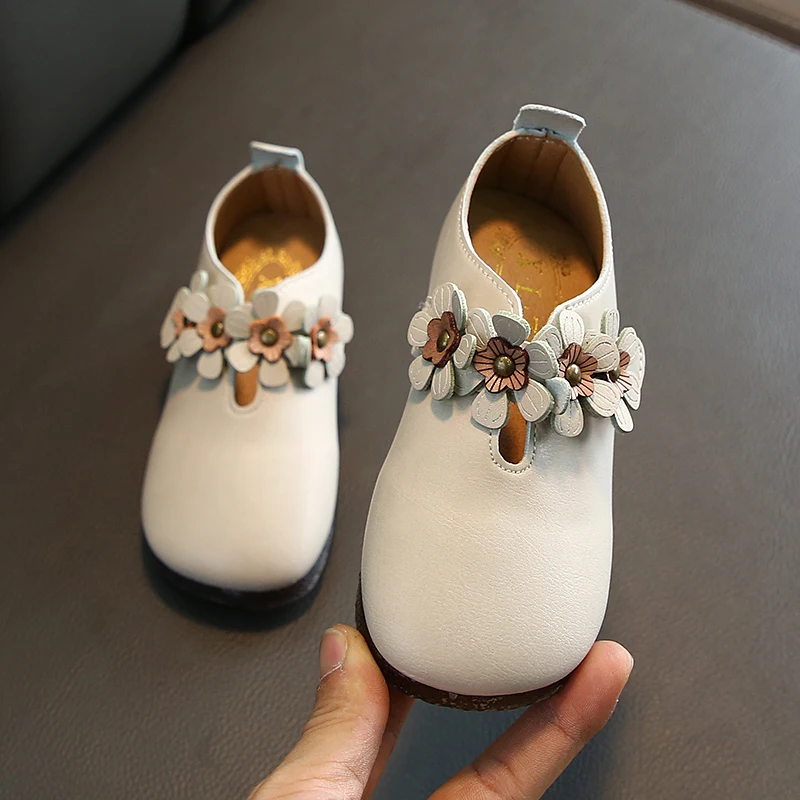 Lovely Children Girls Princess Shoes Pure Color Leather Shoes Bowknot Flower Flat Casual  Shoe Lightweight SHS006