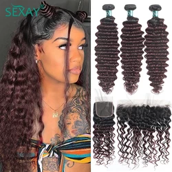 Sexay 99J Bundles Deep Wave And Closure 10A Brazilian Ombre Burgundy Human Hair Deep Curly Bundles With 13x4 Swiss Lace Frontals