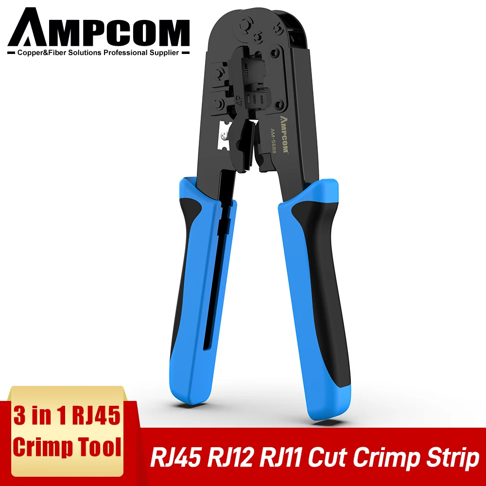 AMPCOM RJ45 Crimping Tool, 8P/6P-RJ11, RJ12 Crimper Cutter Stripper Crimper Cutter Stripper Plier 