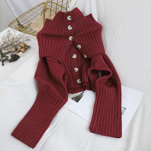 Burgundy Neploe вязаный джемпер с высоким воротом, Женское пальто, имитация двух вещей, шаль, кардиган с одной грудью, свитер, Осенний теплый 48303 - Цвет: Burgundy