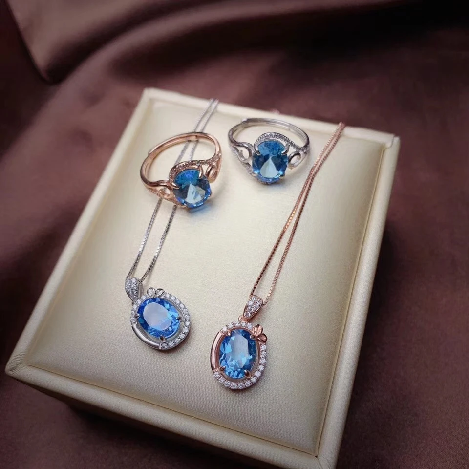 Кольцо и ожерелье с классическим океаническим голубым топазом, ювелирный набор из серебра 925 пробы, чистый голубой цвет, натуральный драгоценный камень, подарок для пары