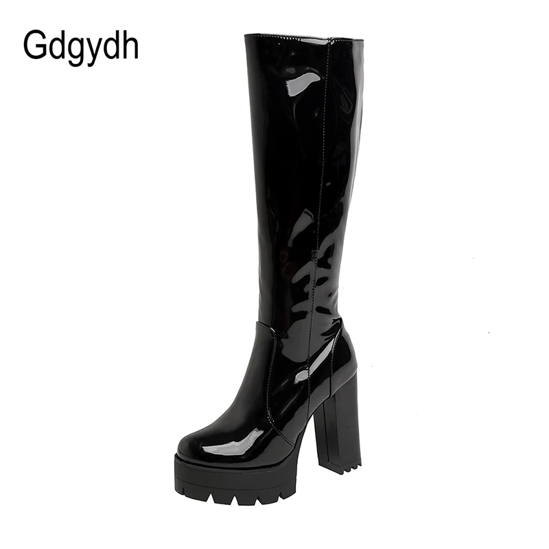 Long-Boots Platform Square Gdgydh Black White Gothic Patent Leather Women Fashion Heel-Knee