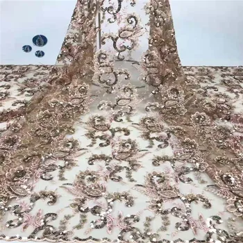 

2019 Wholesale luxury quality African chiffon lace fabric with sequins 5 yards gold sequins lace fabric
