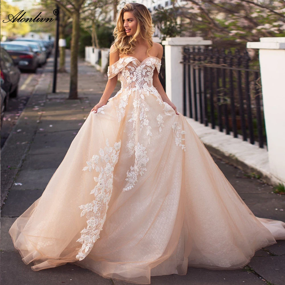 

Alonlivn Illusion Neck And Back Beauty 3D Floral Prints Chic Lace Wedding Dresses A-Line Champaghe Color Bride Skirts