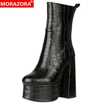 

MORAZORA newest ankle boots women round toe Stone pattern sexy punk prom shoes autumn winter high heel platform boots woman