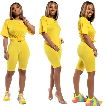 

2020 New Plus Size Women's Set Casual Solid Short Sleeve T Shirt Knee Length Pants Sportwear Tracksuit Two Piece Set Outfit
