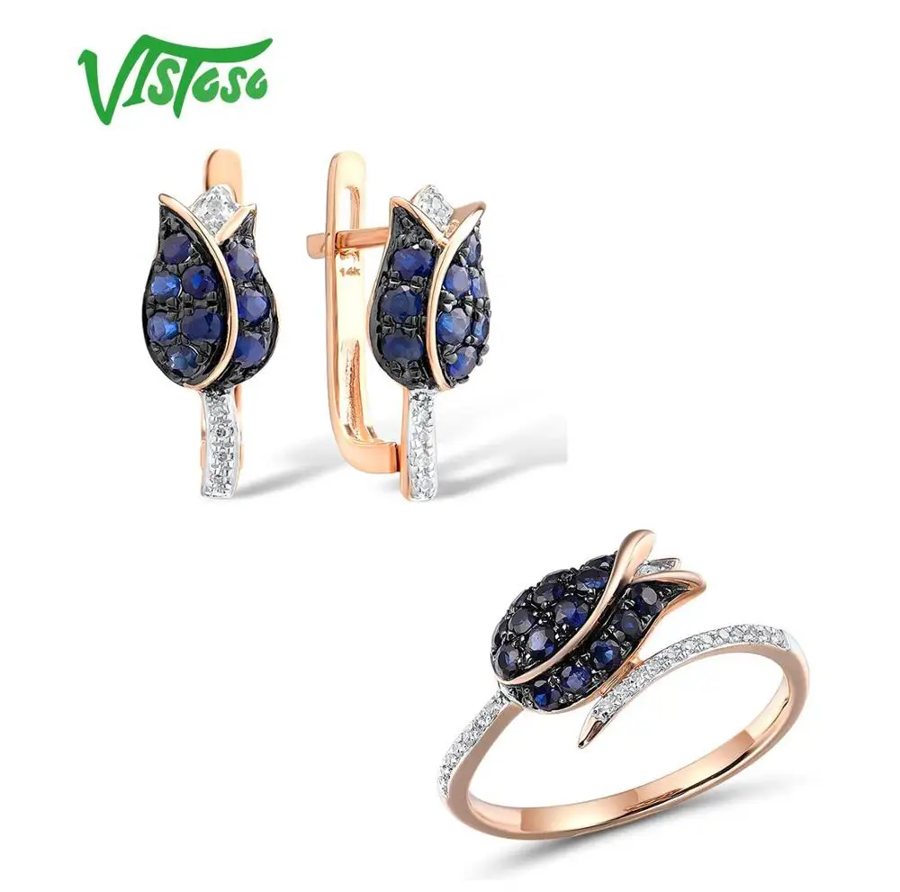 VISTOSO Jewelry Set For Woman Pure 14K 585 Rose Gold Sparkling Blue Sapphire Diamond Tulip Earrings Ring Set Fine Jewelry