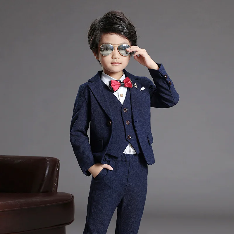 Navy Children's Suit Wedding Birthday Party Dress Jacket Vest Pants 3 Piece Set Children's Dance Party Tuxedo - Цвет: Navy