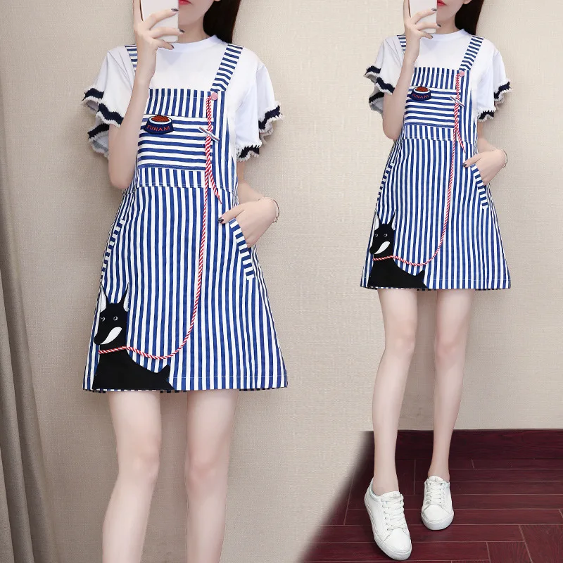 

Short Sleeve Suspender Skirt Two-Piece 2019 Summer WOMEN'S Dress Stripes Slimming Dress Outfit Fashion Dress