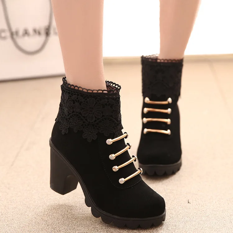 Осень-зима г. Новые женские ботинки на высоком каблуке ботинки со стразами на шнуровке Нескользящие ботинки на шнуровке с кисточками женская обувь - Цвет: Черный