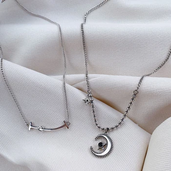 

Korean Vintage Thai Silver Moon Star Necklace For Women 925 Sterling Silver Jewelry Hip Hop Pendants Necklaces Girls Party Gift