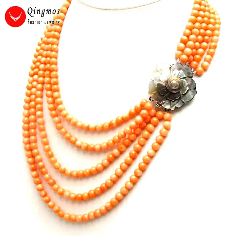Qingmos 5-6mm Round Natural Pink Coral Neckalce for Women with Genuine Coral 5 Strands 18-23