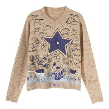 

Autumn Winter O-neck Long Sleeved Sweater Loose Casual Star Embroidery Knitted Women Sweater 2020