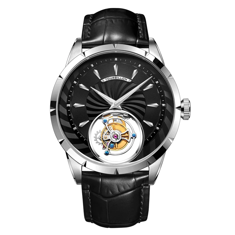 Брендовые роскошные механические часы Tourbillon, мужские наручные часы с ручным подзаводом, светящиеся сапфировые часы в подарок - Цвет: Silver Black