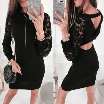 

Women's Evening Party Dress Fashion Sexy Backless Lace Short Dresses Female 2019 Autumn Long Sleeve Bodycon Black Dress Vestidos