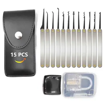 

Stainless Steel 15 pcs professional unlocking Lock Pick Set Lock Smith Training Tools with one Transparent Padlock