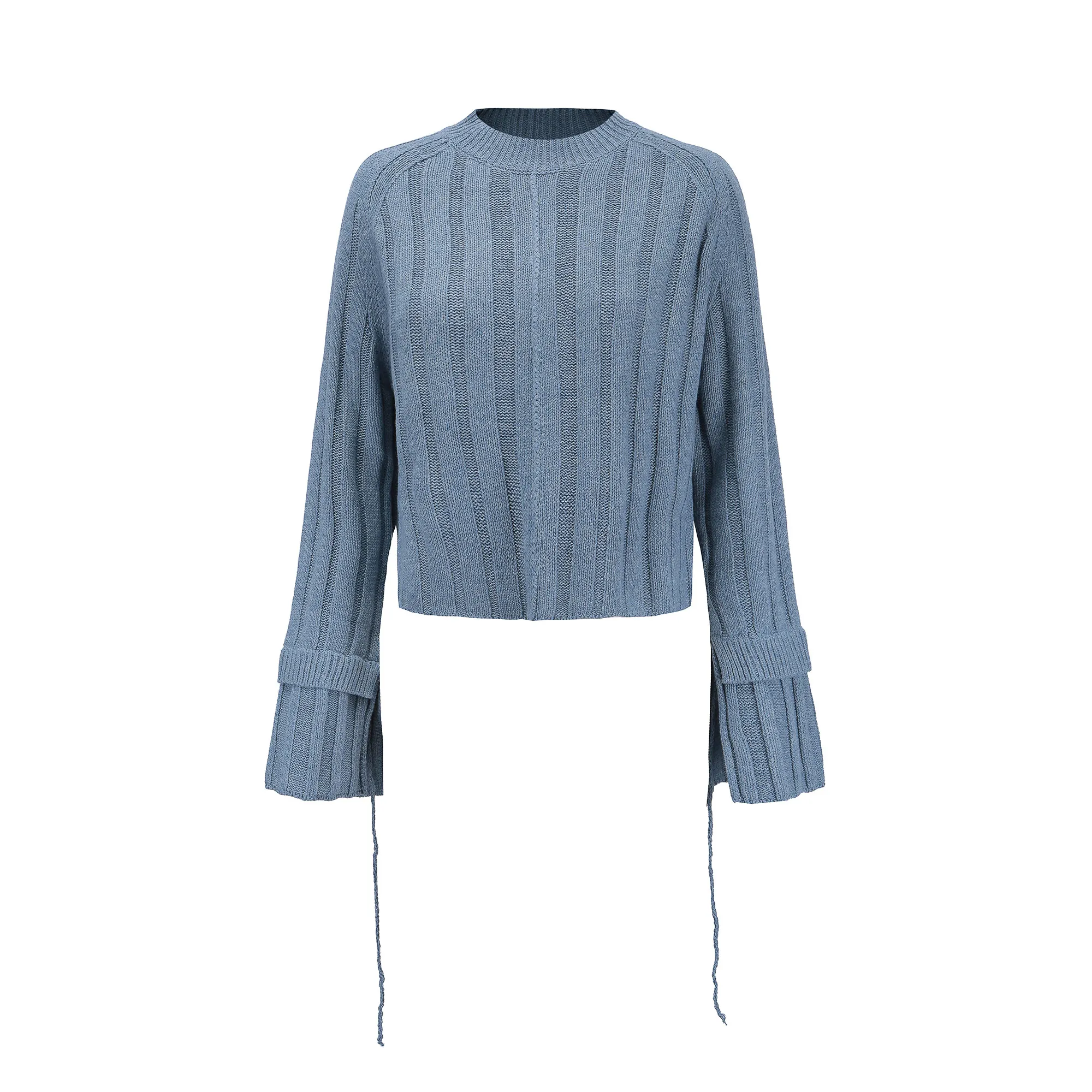 Woman Sweater Blue Short Loose Women Long Flared Sleeve Tops Fall Pullover O Neck Casual Sweet Cute Office Knit Crop Sweaters | Женская