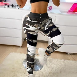 Spring Autumn Fashion Women Cargo Pants Casual Elastic Button Long Pant Sweatpant Overall 2021 Vintage Patchwork Trousers Jogger