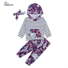 Коллекция года, брендовый свитер с капюшоном для новорожденных девочек из 3 предметов топ+ штаны, комплект одежды осенняя одежда в полоску с цветочным рисунком