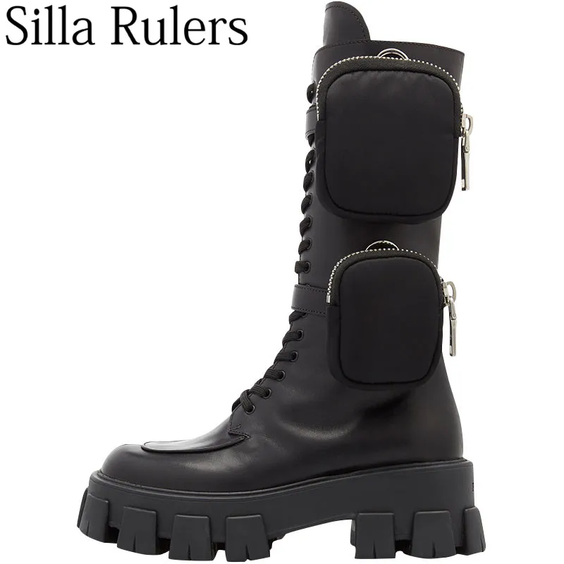 

2019 Black Thick bottom Knight boots woman round toe lace up mid-calf woman boots runway flat heel martin boots for woman