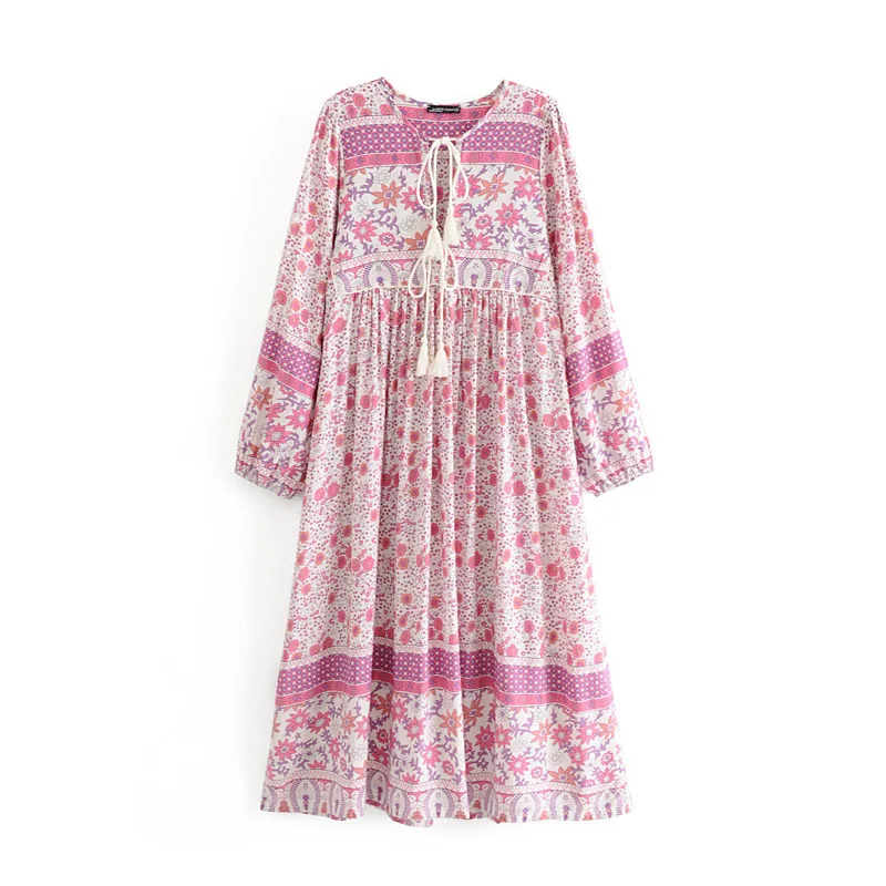 Богемное платье миди с цветочным принтом, Осеннее женское платье с длинным рукавом-фонариком, v-образным вырезом и кисточками, Свободное длинное платье, повседневное винтажное платье - Цвет: Розовый