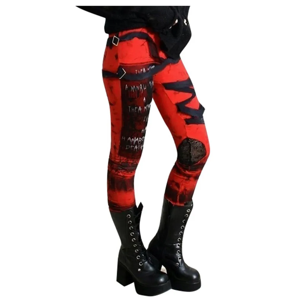 Готичный панк стиль, женские рокерские брюки, обтягивающие крутые штаны, Осенние уличные брюки с эластичной резинкой на талии для девочек, узкие брюки с дырками d2 - Цвет: Красный