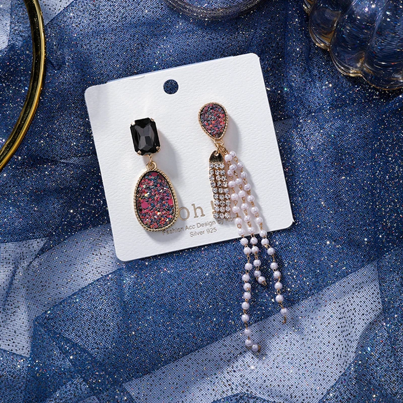 

New Arrival Fashion Colorful Oval Bright Sequins Long Asymmetric Earrings Rhinestone Multi-layer Simulated Pearl Tassel Earrings