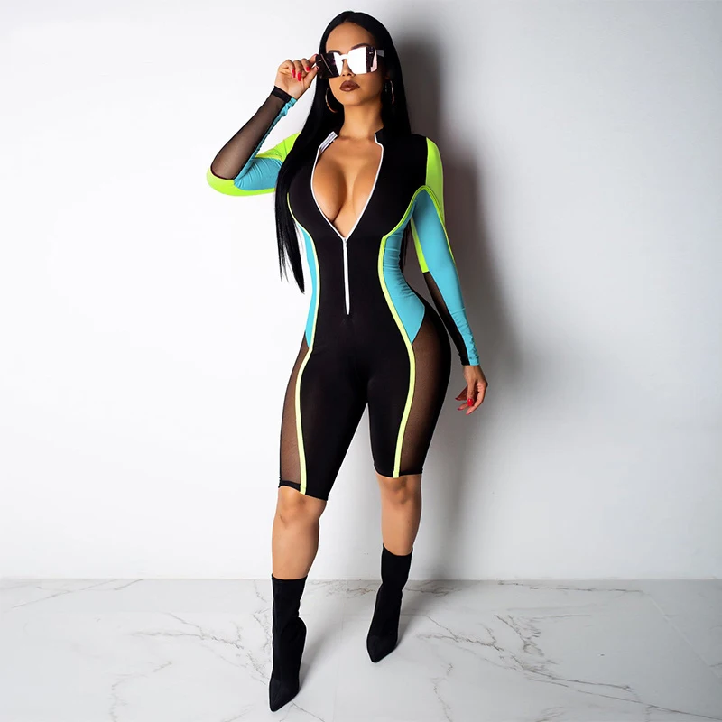 

Color Patchwork Sheer Mesh Bodycon Jumpsuit Women Deep V Neck Full Sleeve Night Club Playsuit Sexy Front Zipper Plus Size Romper