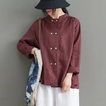 

[EWQ] 2020 Spring Autumn New Pattern Round Collar Long Sleeve Double Breasted Vintage Shirt Women Blouse fashion tide AK29503