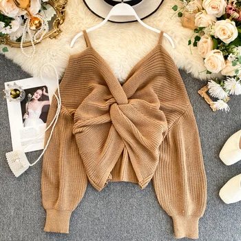 

2020 New European&American Super Fire Network Red Sweater Female Cardinal Off Shoulder Long Sleeve Sexy V-neck Front and Back