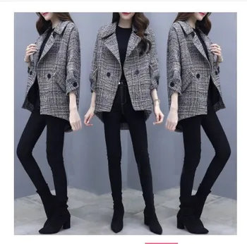 

2019 spring and autumn new Korean version of the wild thin temperament thousand bird plaid shirt suit jacket woolen coat female