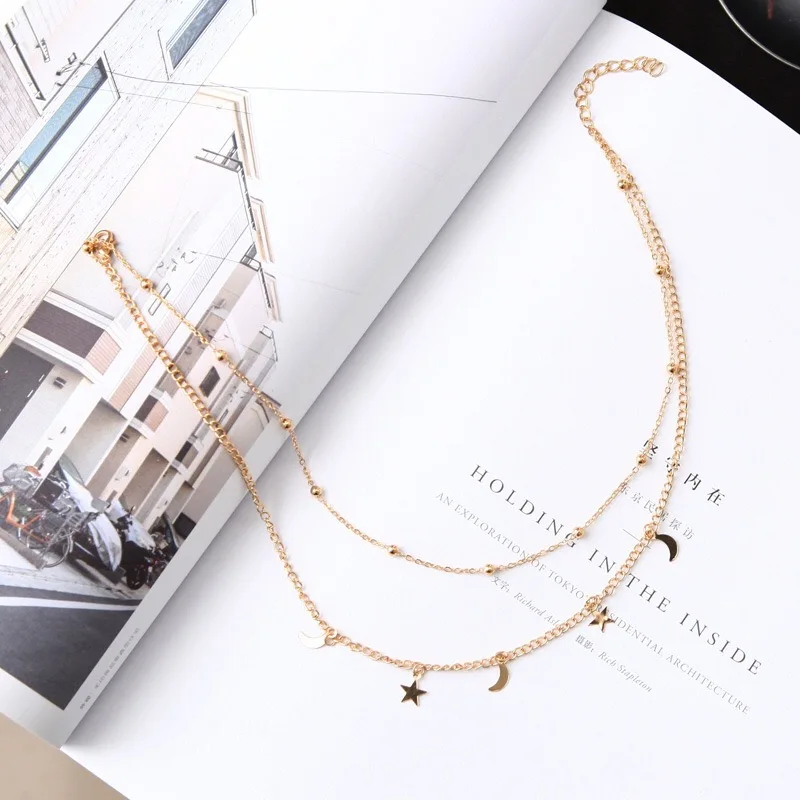 

2019 Fashionable Simple Gold and Silver Double Star Moon Necklace Short Ball Clavicle Necklace for Women's Dating Necklace