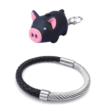 

2 Pcs Accessories: 1 Pcs Jewelry Men'S Bracelet Black Silver Color & 1 Pcs Cute Pig Keychain LED Light With Sound