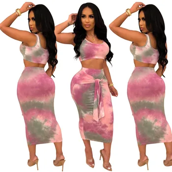 

Fannic Fashion sexy tie-dye sleeveless vest crop top and long skirt suit print two piece set women