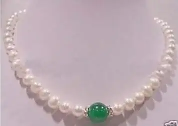 1029+NEW 7-8mm white pearl 10mm green stone necklace