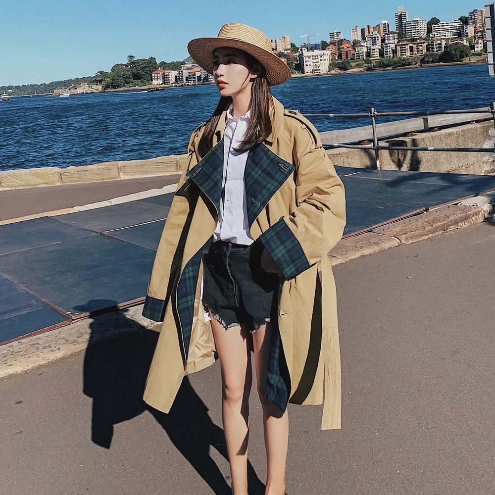 Photo Shoot Autumn New Style Korean-style WOMEN'S Wear-Style Retro CHIC Wind Mid-length Plaid Stitching Trench Coat