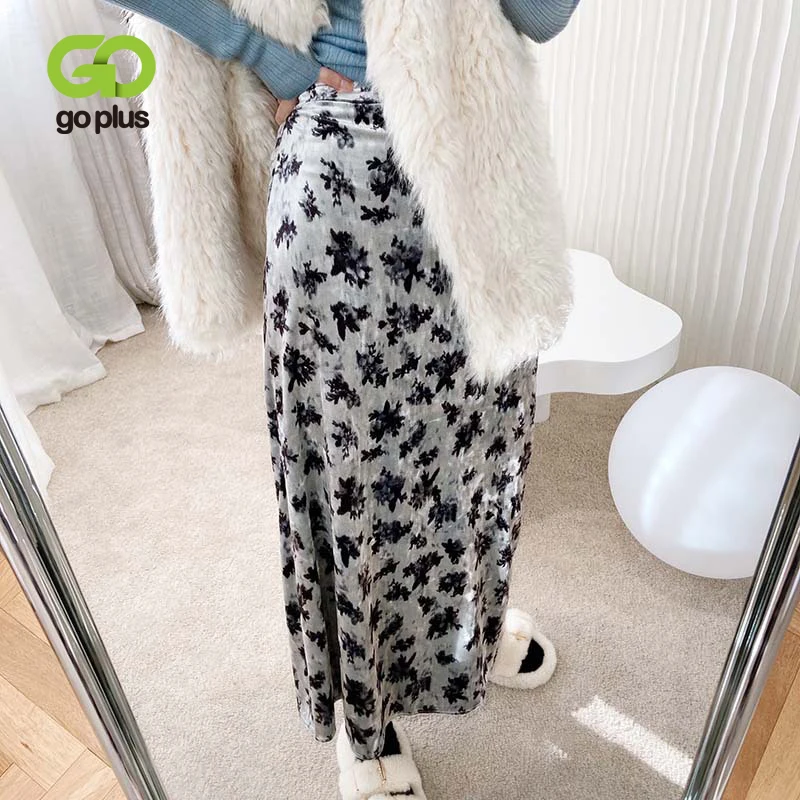 

GOPLUS Skirt Vintage Velvet Floral Print Skirts Womens 2020 Korean Style A-Line Midi Long Skirt Jupe Femme Rokjes Dames C10882
