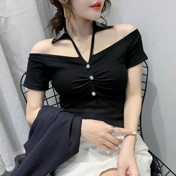 

Summer Korean Clothes T-shirt Shiny Diamonds Hollow Out Women Tops Ropa Mujer Shirt Short Sleeve Sexy Back Tees 2020 New T04907