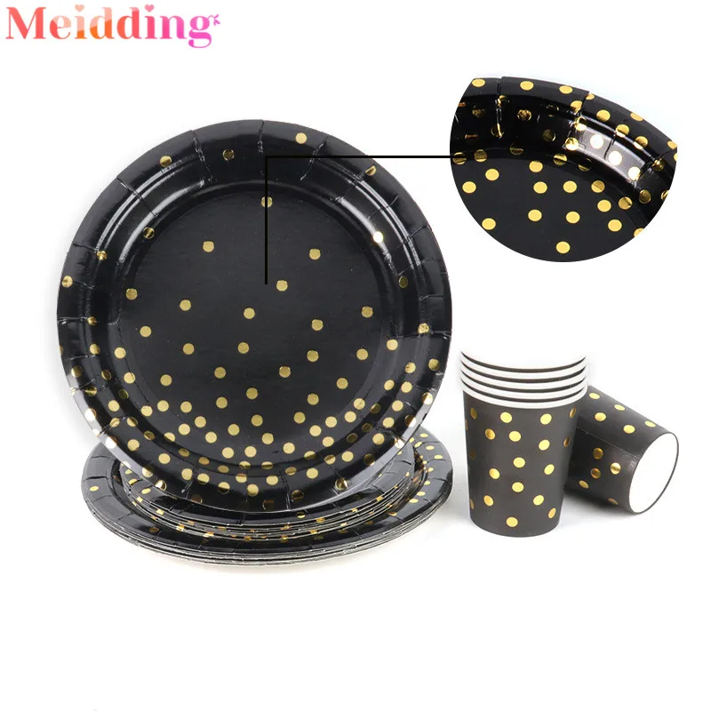 

Black Gold Dot Stamping Disposable Tableware set Wedding Anniversary Happy Birthday Party Decorations Adult 30 40 Party Supplies