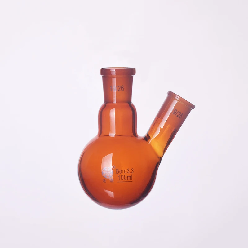 

Brown two-necked flask oblique shape,with two necks standard grinding mouth 100ml,Middle joint 19/26 and lateral joint 19/26
