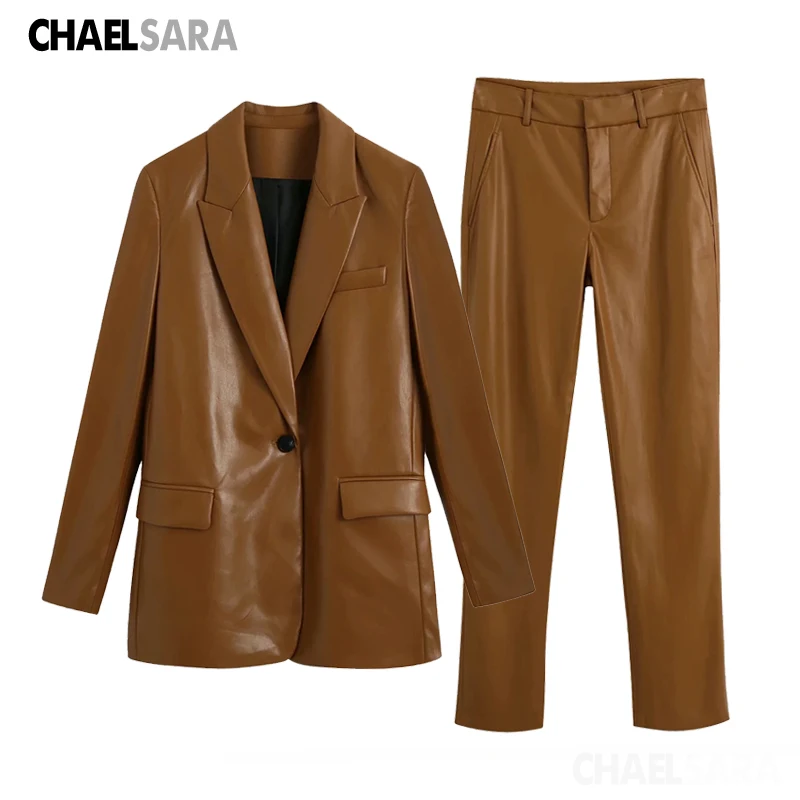 Vintage Autumn Winter Women Pant Suit Solid Faux Leather Blazer Jacket &amp Suits 2020 Office Wear Female Sets |