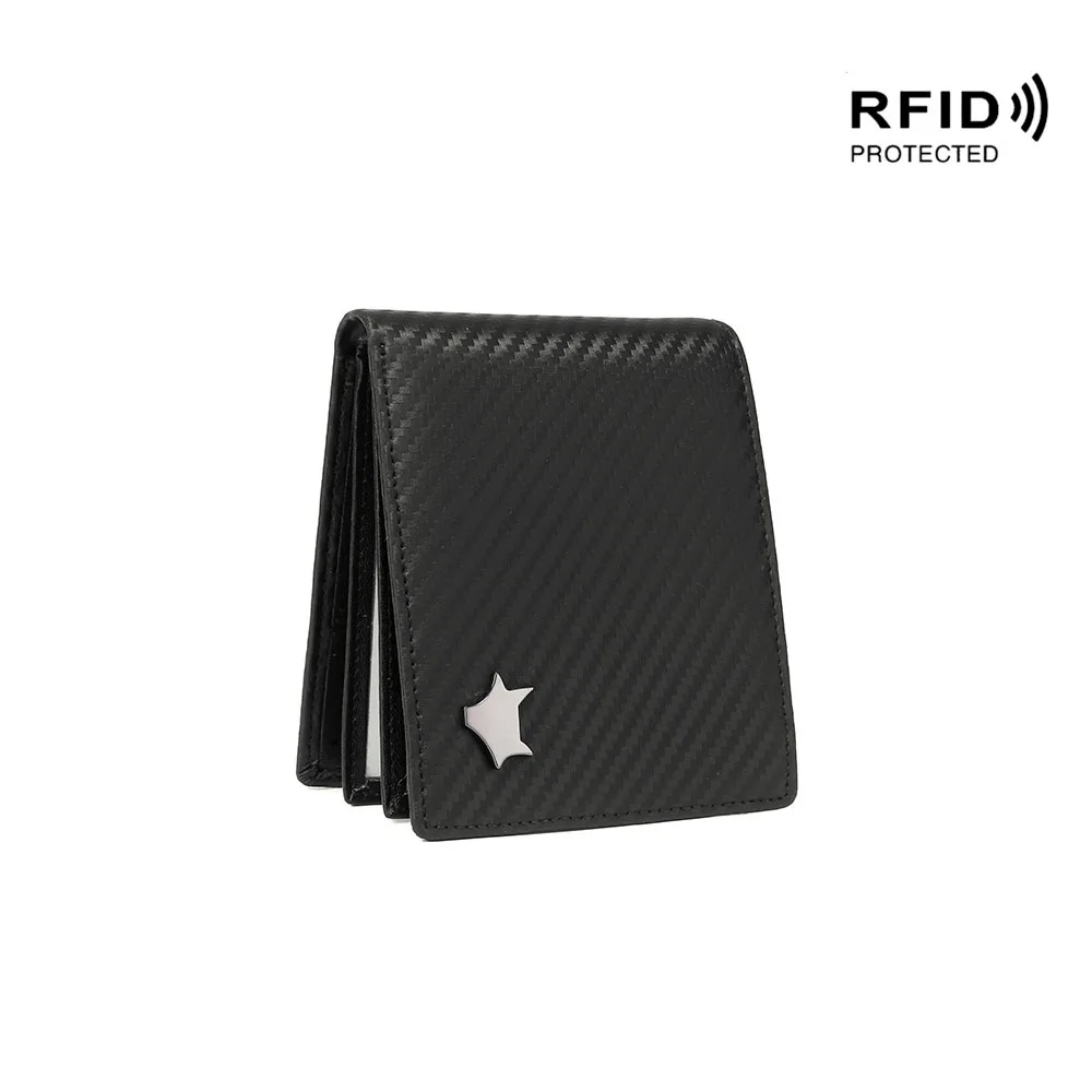 Ультра тонкий толщина 1 см RFID Блокировка Мужской кошелек сплит кожа углерода стиль короткий кошелек - Цвет: Черный