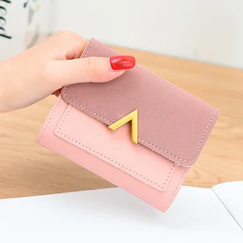 

Fashion casual women's stitching metal V-shaped decorative matte retro short small wallet 2019 new student simple buckle wallet